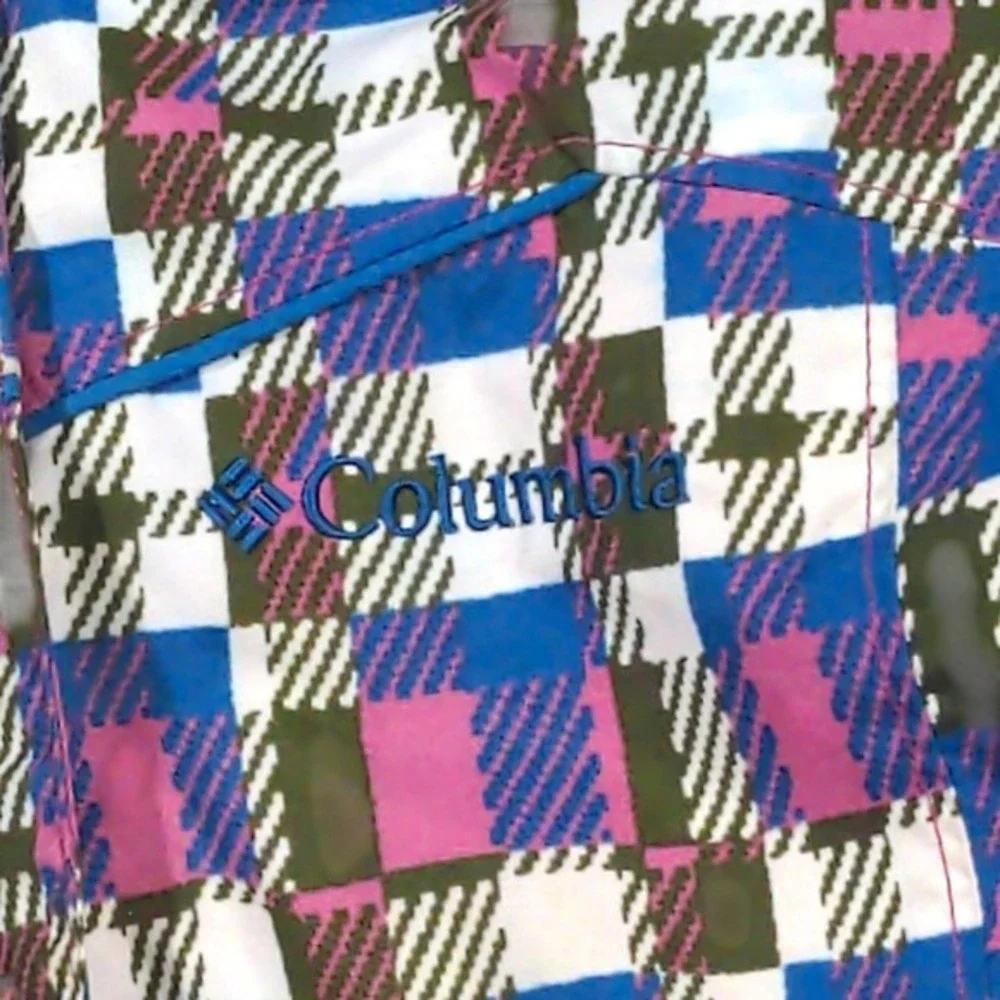 Columbia Youth Girls 10/12 Waterproof Rain Jacket Hooded Pink Blue Plaid SG 7424